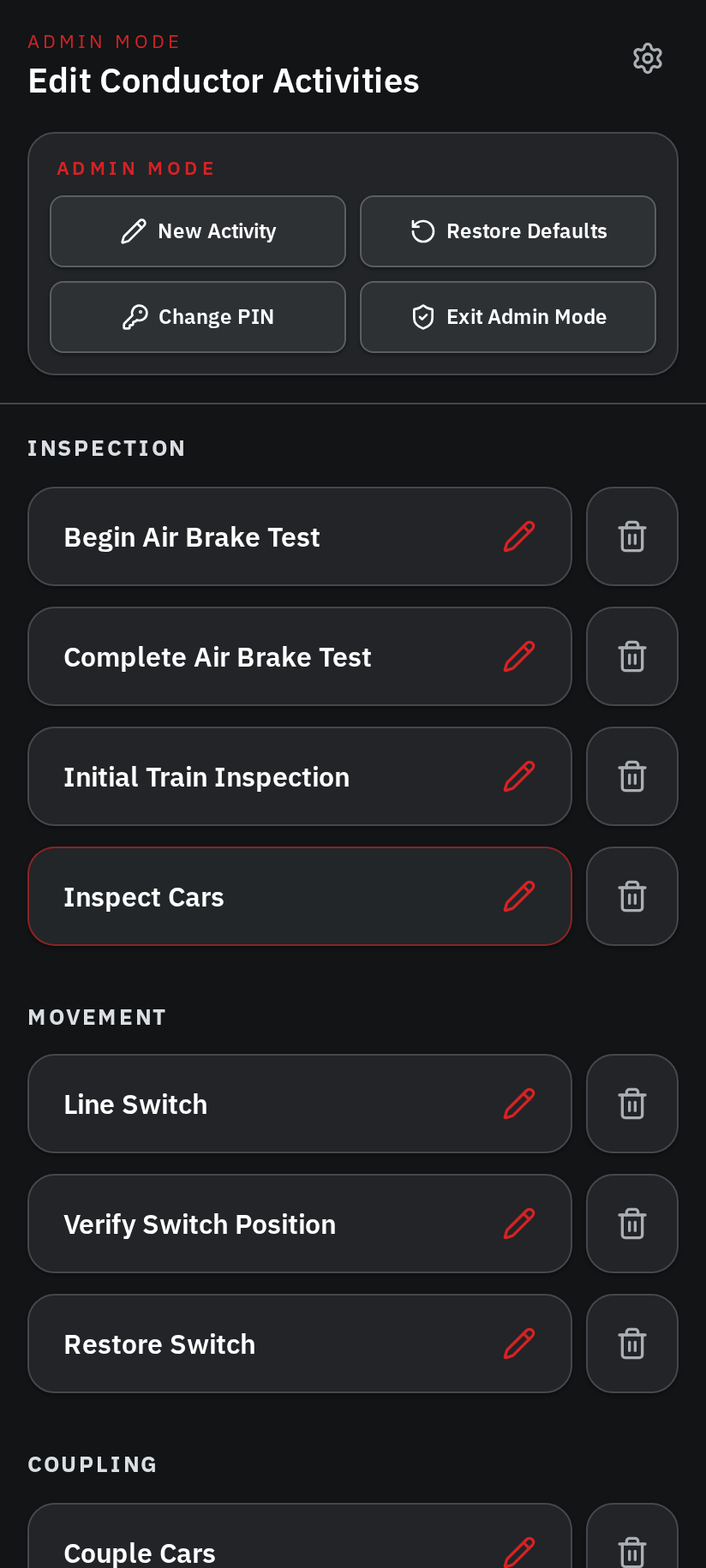 Admin Mode with editing tools above the library and edit controls on each Activity