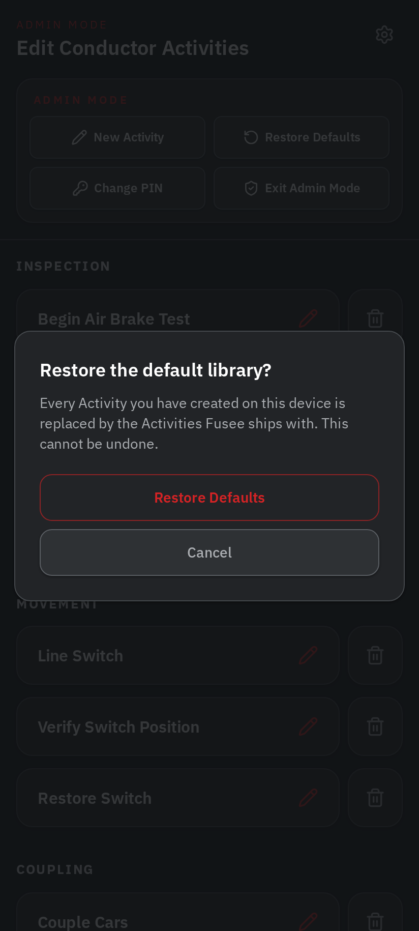 Confirmation dialog before restoring the default Activity library