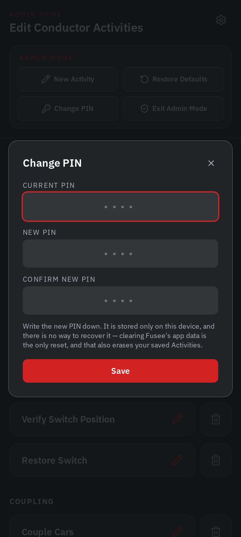 The Change PIN dialog
