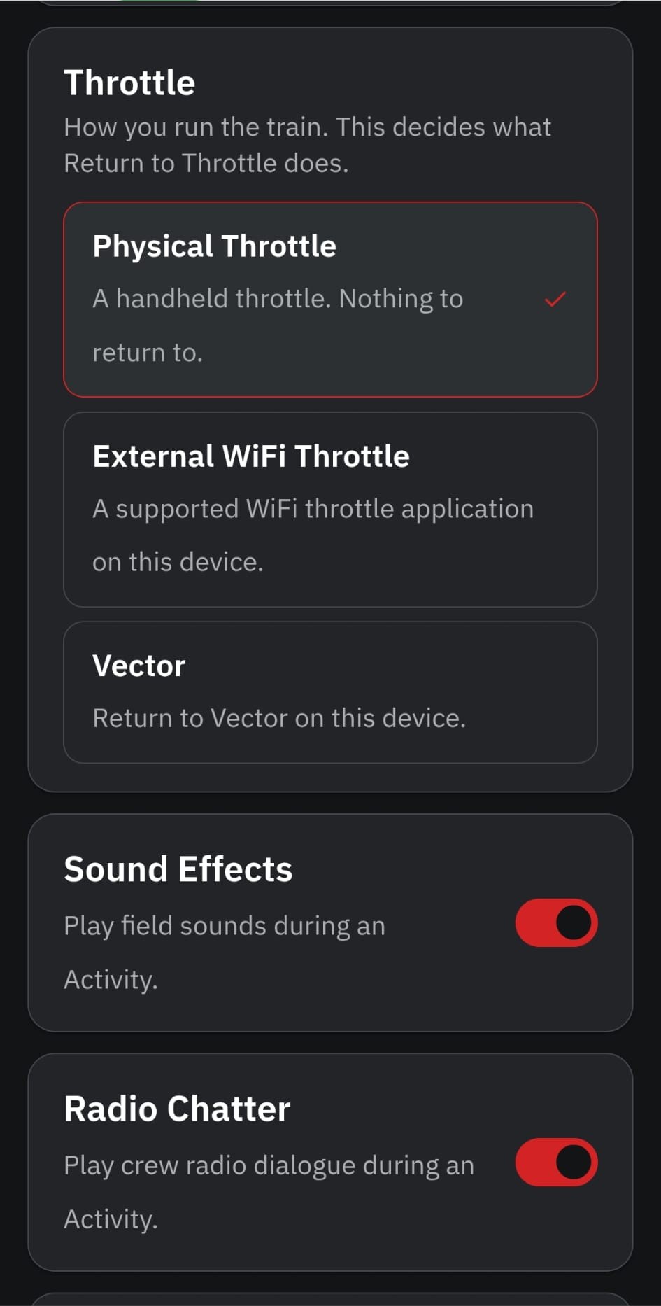 Settings for sound effects, radio chatter and throttle