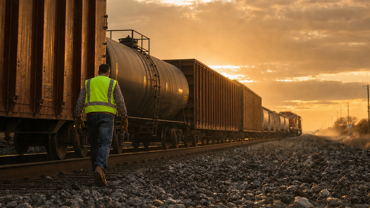 A railroad worker in a hi-vis vest walking the ballast beside a freight train at sunset