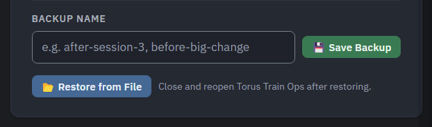 The Backup and Restore card: a backup name field, Save Backup, and Restore from File