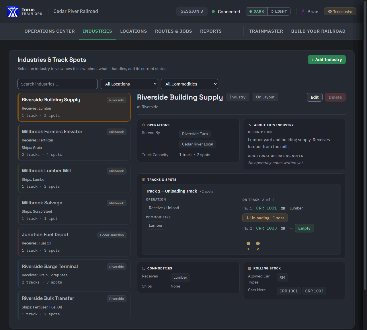 The Industries page with Riverside Building Supply selected: served-by jobs, track capacity, and the Unloading Track's two spots with CRR 1001 unloading and CRR 1003 on them