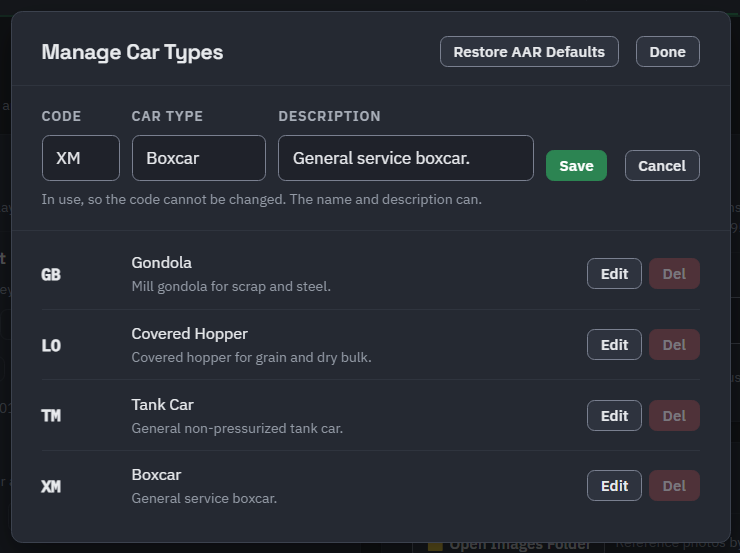 The Manage Car Types dialog editing XM: the Code field is disabled with the note that it is in use, while Car Type and Description are editable