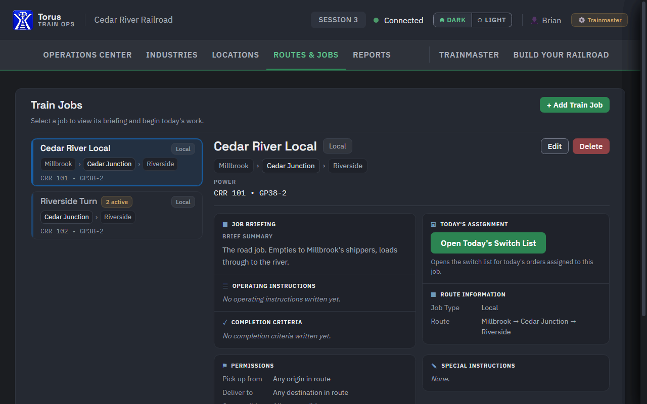 Routes and Jobs with the Cedar River Local selected: its route Millbrook, Cedar Junction, Riverside, CRR 101 as power, the job briefing, and permissions