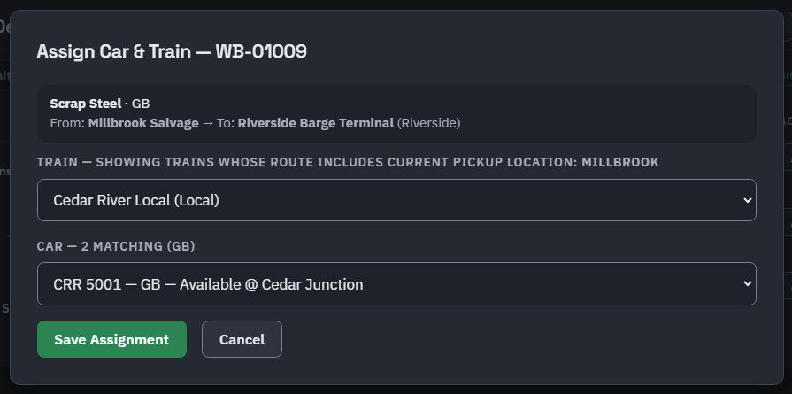 The Assign Car and Train dialog for order WB-01009: a train list limited to jobs whose route includes the pickup, and a car list of matching gondolas