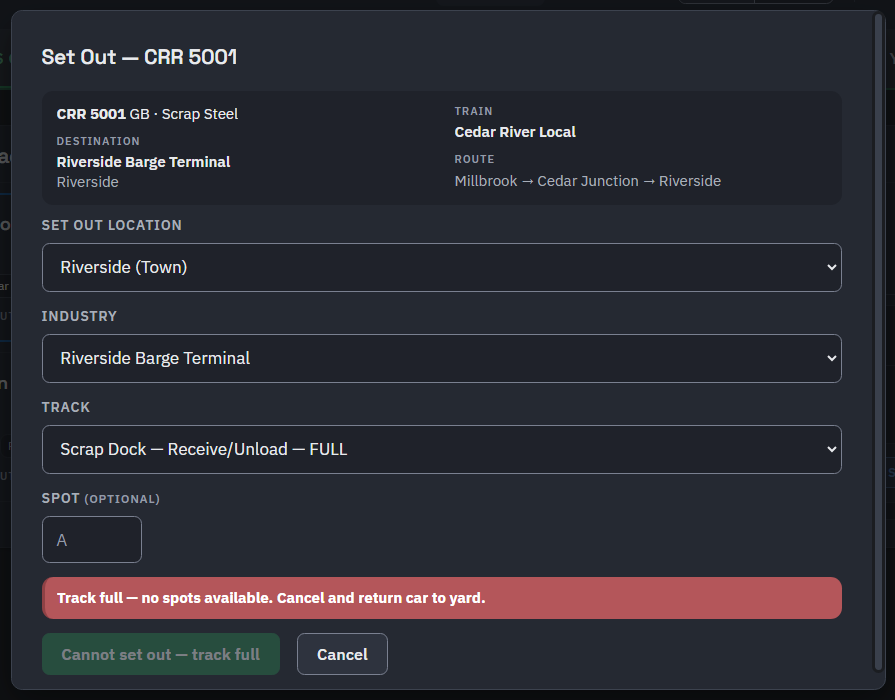 The Set Out dialog on a full track: the track reads FULL, the note says no spots are available, and the confirm button is disabled and reads Cannot set out, track full