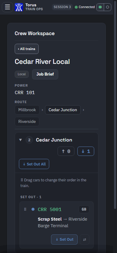 The Crew Workspace on a phone: the Cedar River Local's route and its Cedar Junction stop with a Set Out button