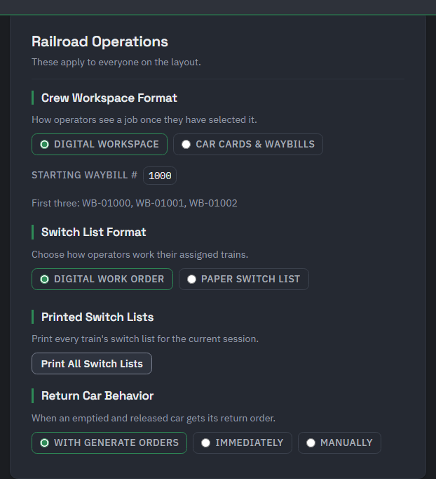 The Railroad Operations card: Crew Workspace Format, Switch List Format, Printed Switch Lists and Return Car Behavior