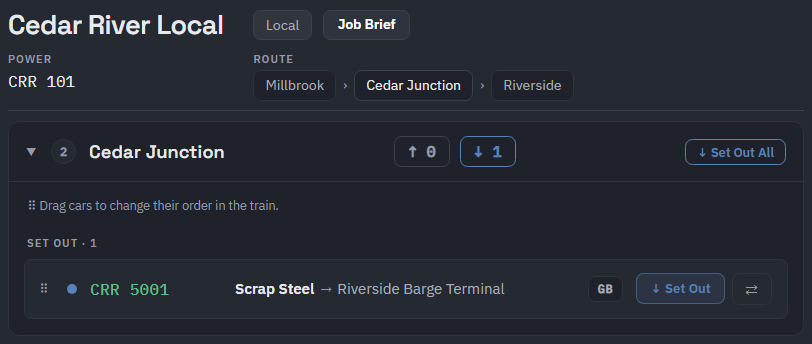 The Digital Work Order for the Cedar River Local: the Cedar Junction stop with one car to set out
