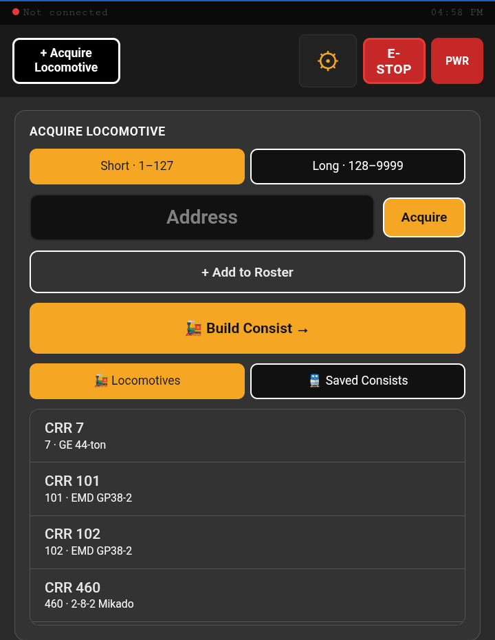 Figure 11.1 — The acquire panel with the Locomotives tab showing.