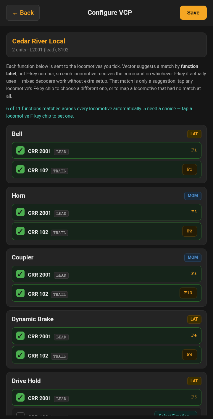 Figure 24.2 — Configure VCP for Cedar River Local. Each function lists every unit, with the key that unit uses.