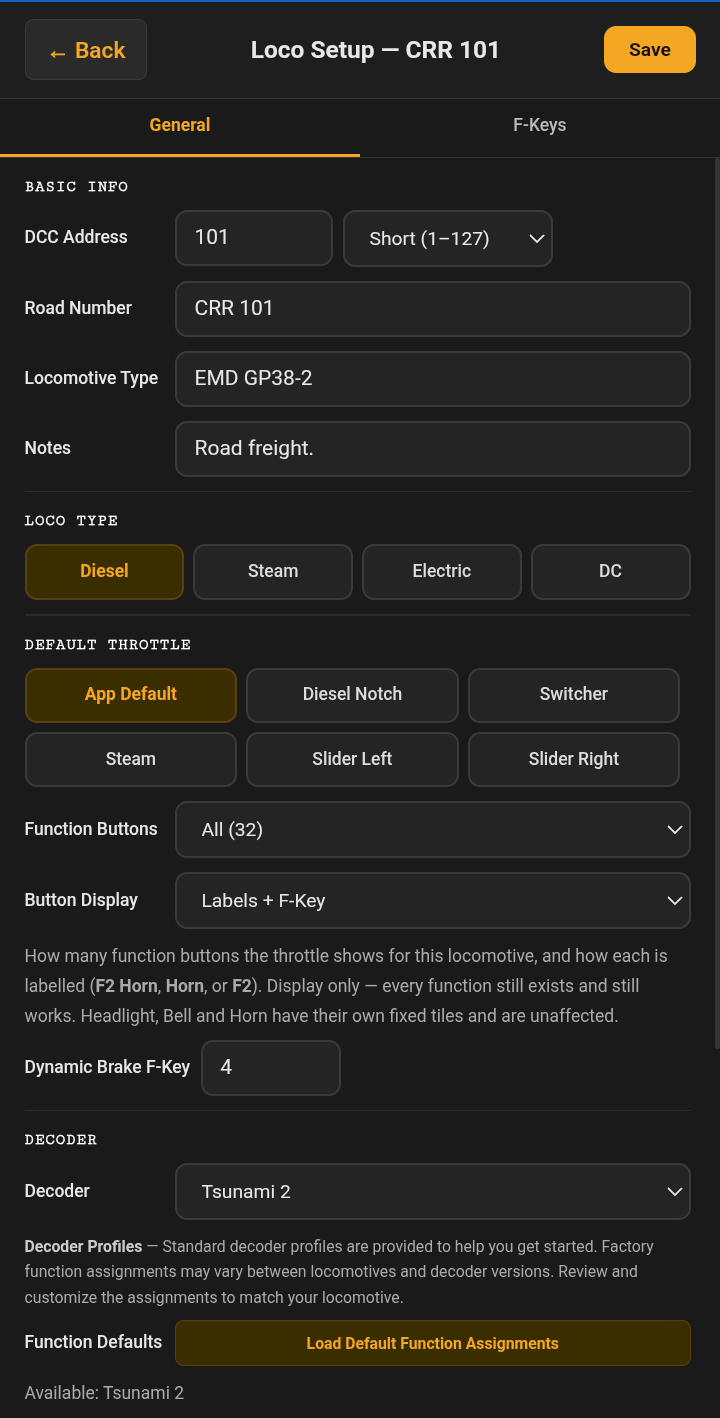 Figure 7.1 — Loco Setup, General tab, for CRR 101.