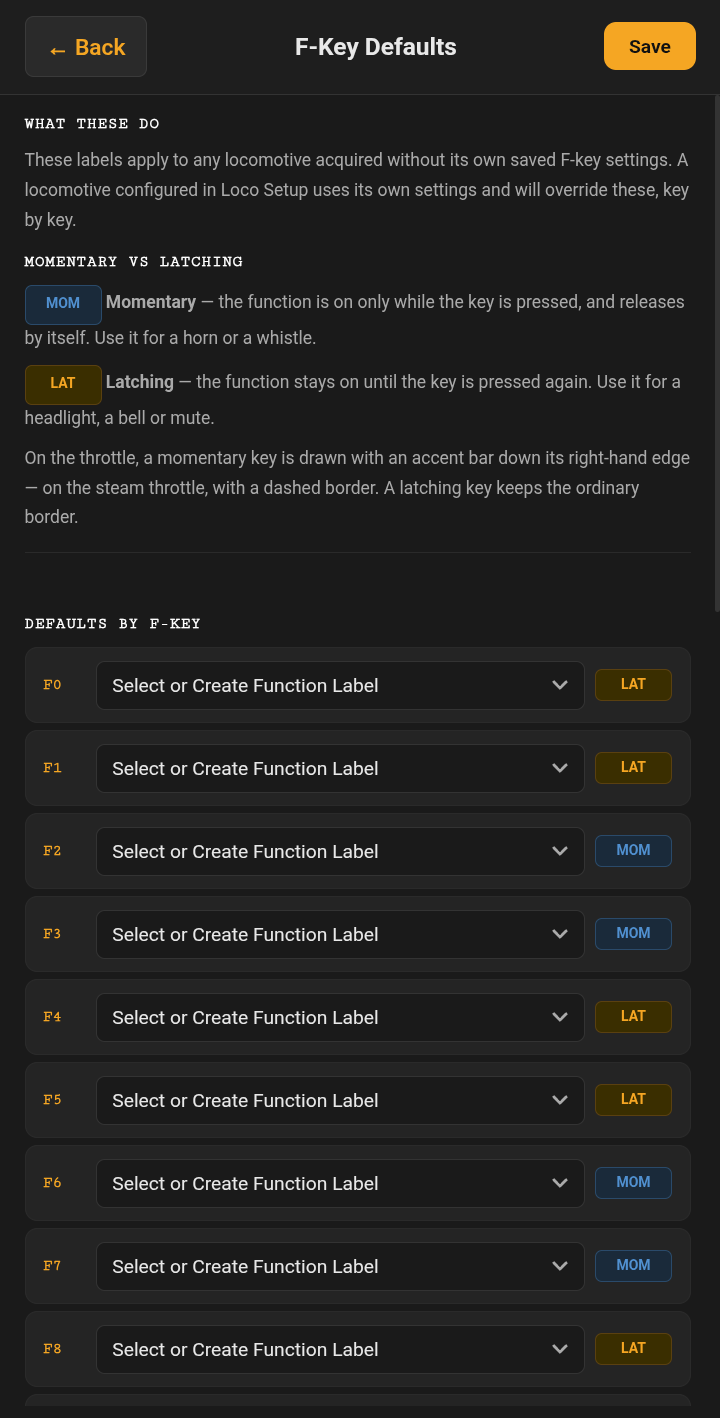 Figure 8.7 — F-Key Defaults: the fallback labels for locomotives with no saved setup of their own.