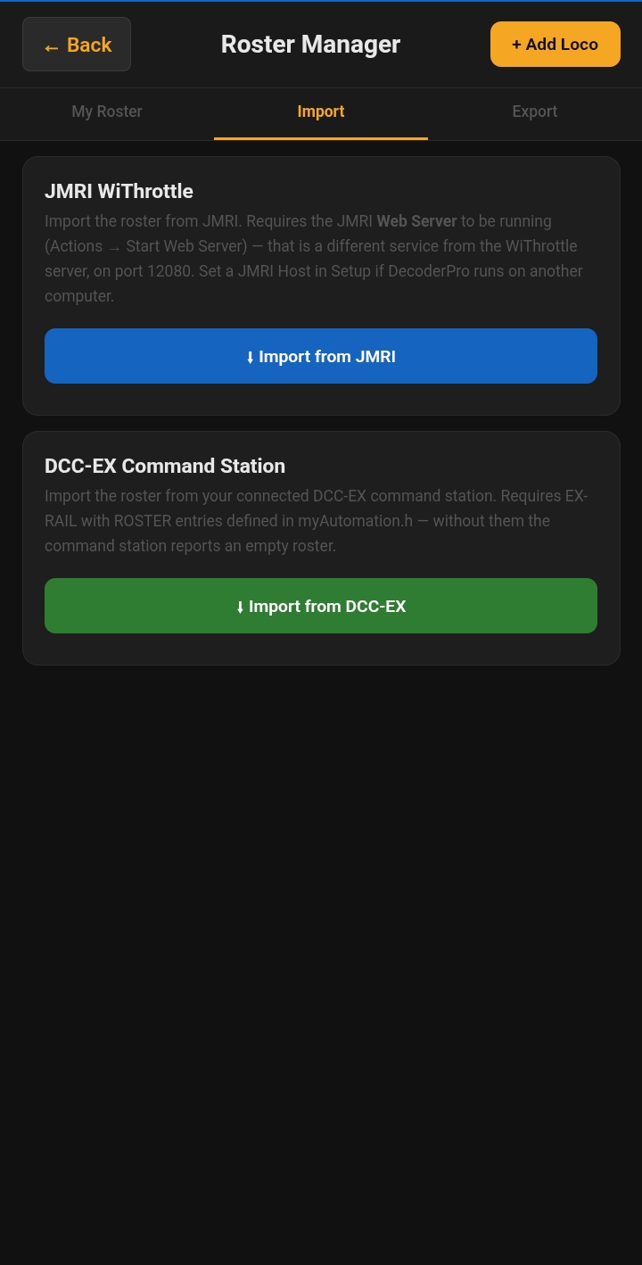 Figure 9.1 — The Import tab: one button for JMRI, one for DCC-EX.